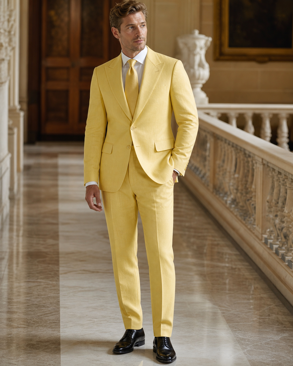 Yellow Linen Outdoor Wedding Suit - Custom Made to Measure side back view