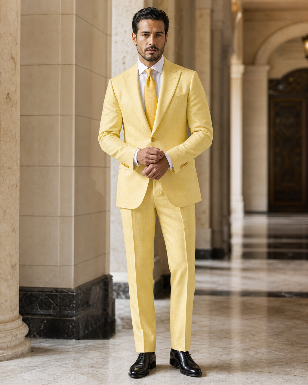 Yellow Linen Summer Suit - Custom Made to Measure front view