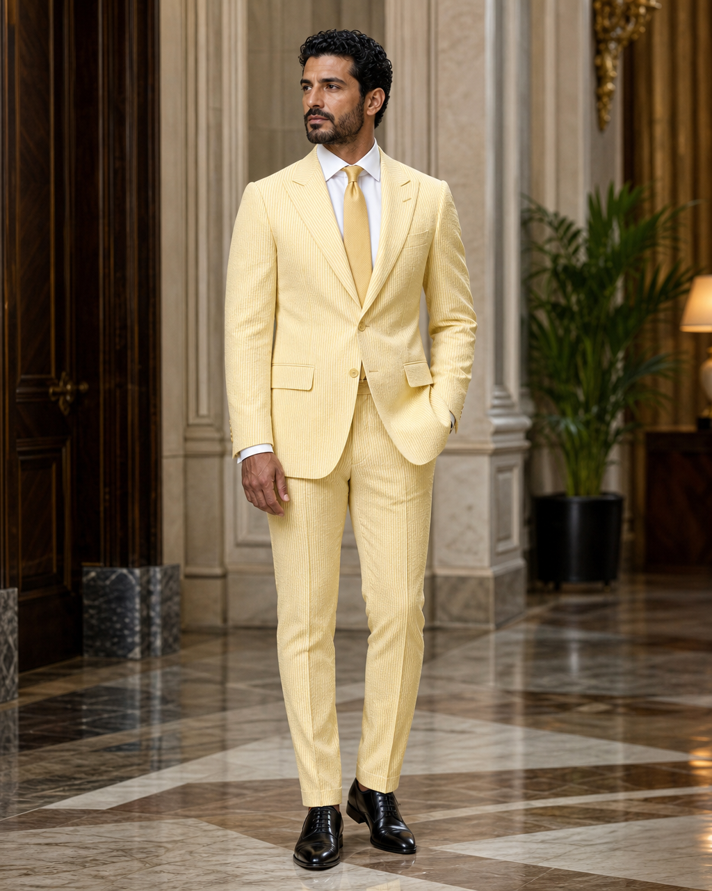 Yellow Seersucker Beach Wedding Suit - Custom Made to Measure side back view