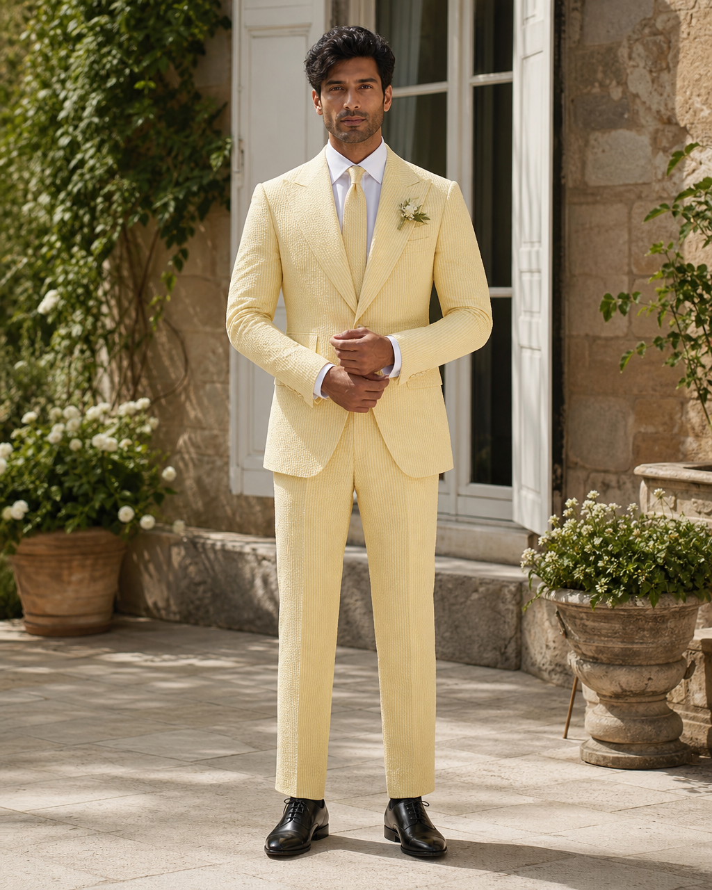 Yellow Seersucker Outdoor Wedding Suit — Custom Made to Measure front view
