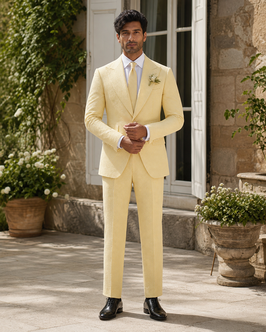 Yellow Seersucker Outdoor Wedding Suit — Custom Made to Measure front view