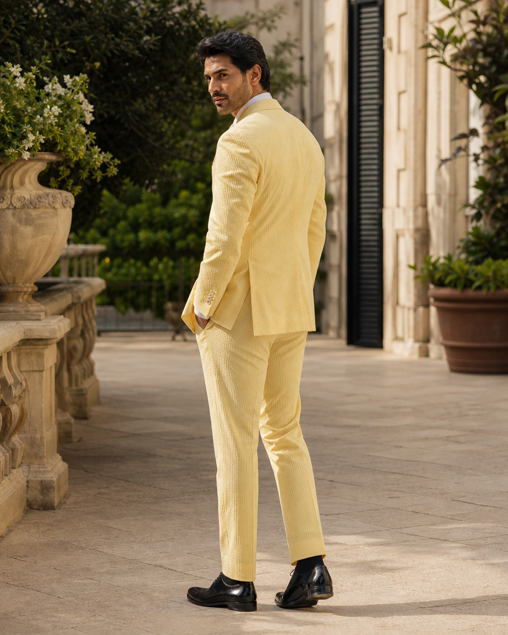 Yellow Seersucker Outdoor Wedding Suit — Custom Made to Measure side back view