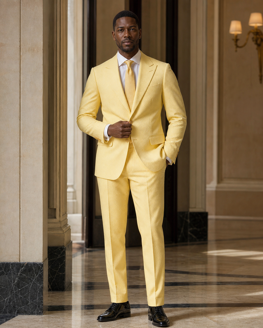 Yellow Seersucker Summer Suit - Custom Made to Measure front view