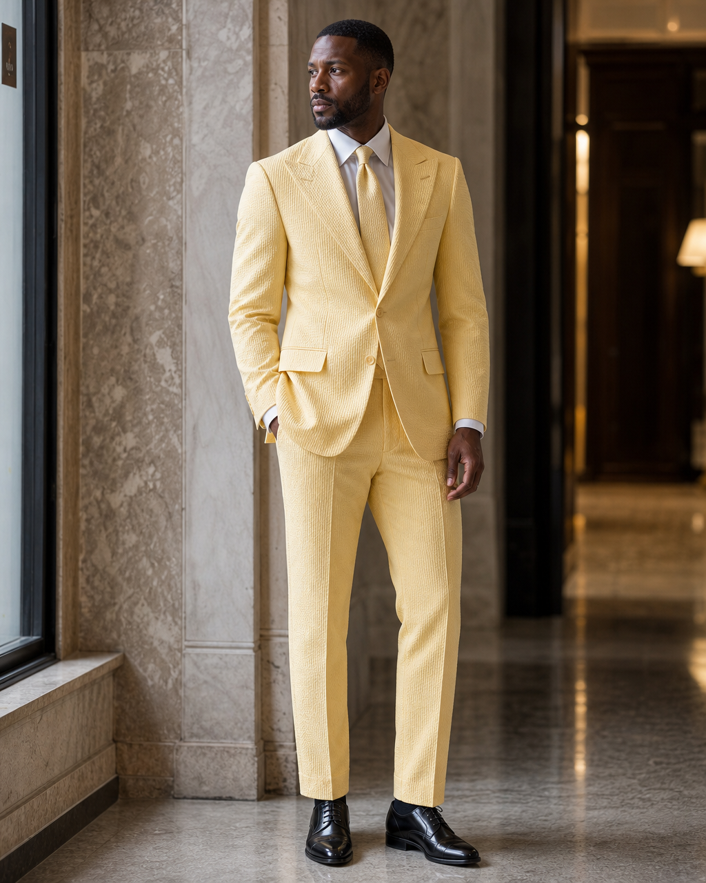 Yellow Seersucker Summer Suit - Custom Made to Measure side back view