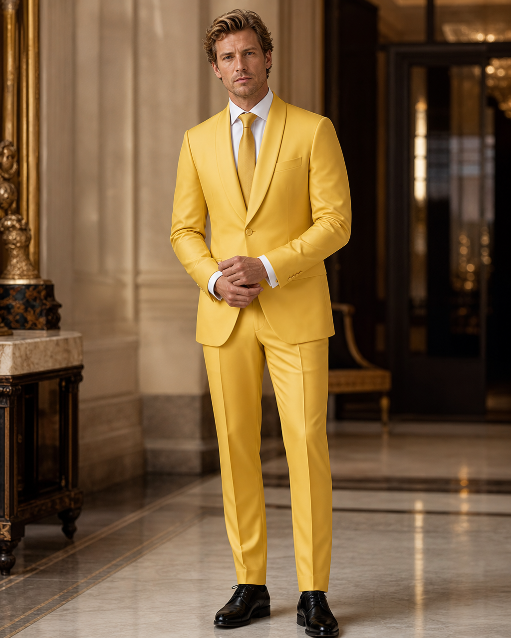 Yellow Silk Blend Shawl Lapel Suit - Custom Made to Measure front view