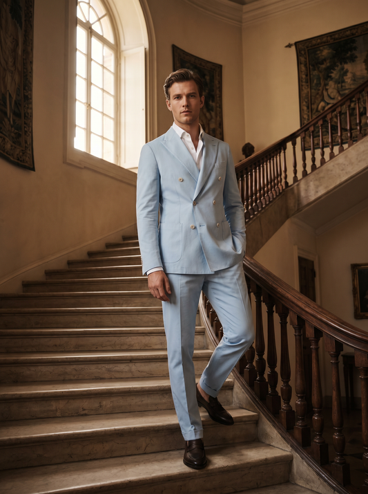 Baby Blue Cotton Double Breasted Suit — Custom Made to Measure - front view
