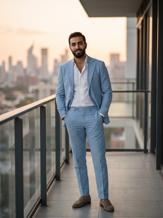 Baby Blue Cotton Groomsmen Suit — Custom Made - front view