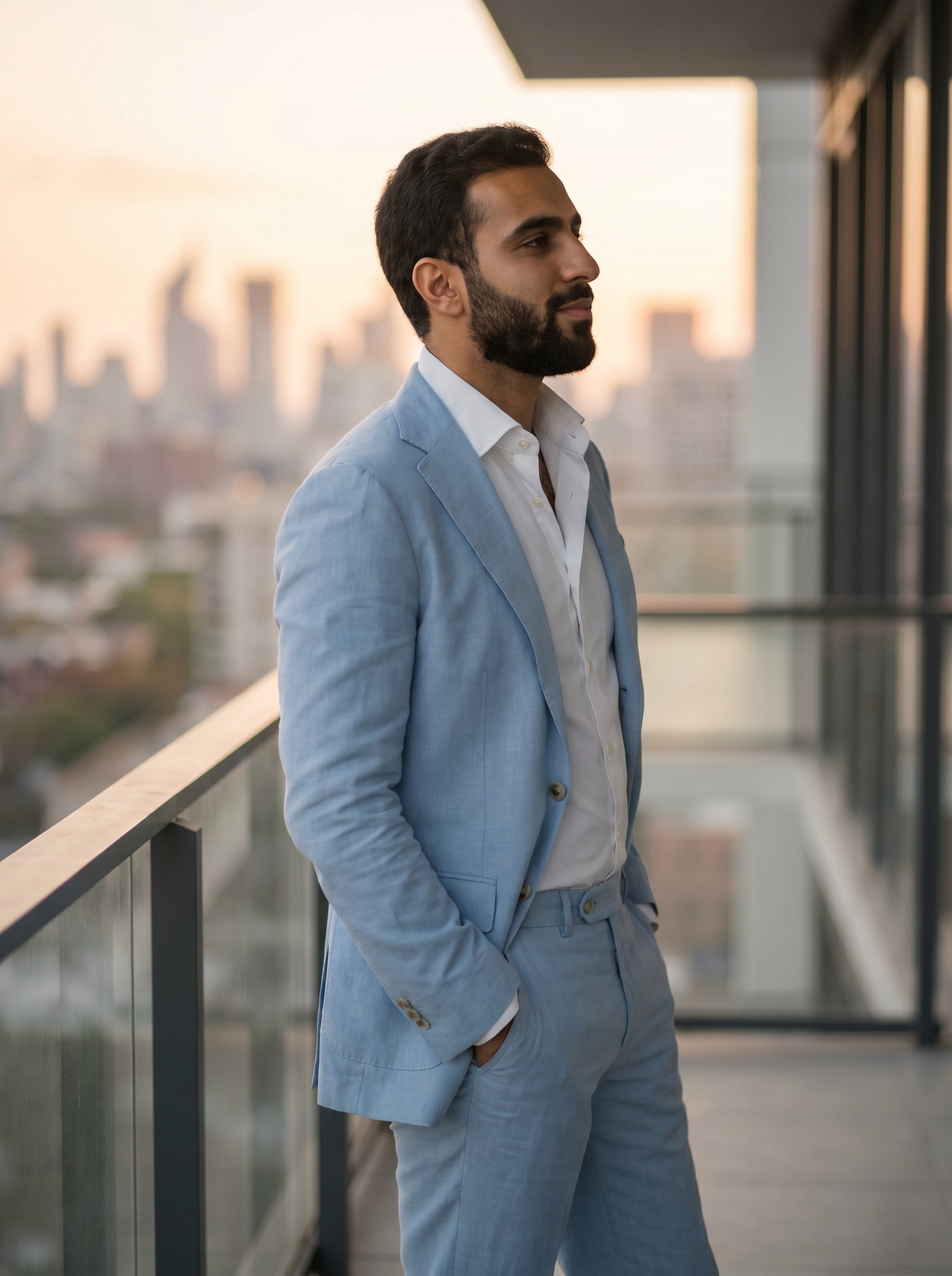Baby Blue Cotton Groomsmen Suit — Custom Made - side view