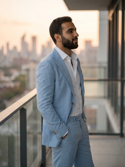 Baby Blue Cotton Groomsmen Suit — Custom Made - side view