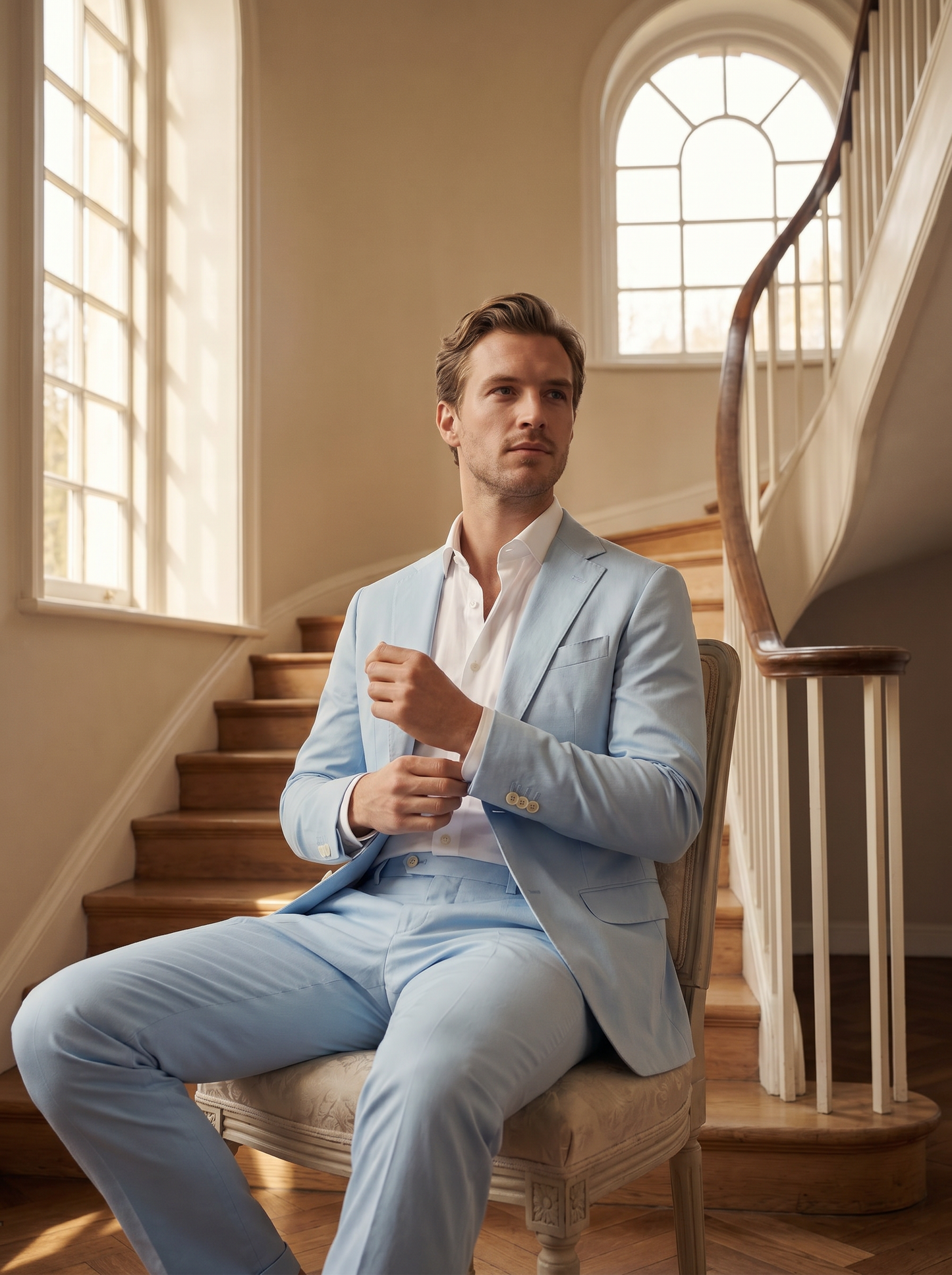 Baby Blue Cotton Suit — Custom Made to Measure - seated view