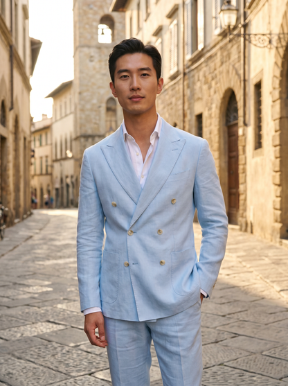 Baby Blue Linen Double Breasted Suit — Custom Made to Measure - front view