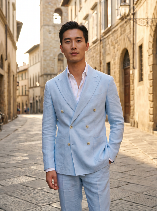 Baby Blue Linen Double Breasted Suit — Custom Made to Measure - front view