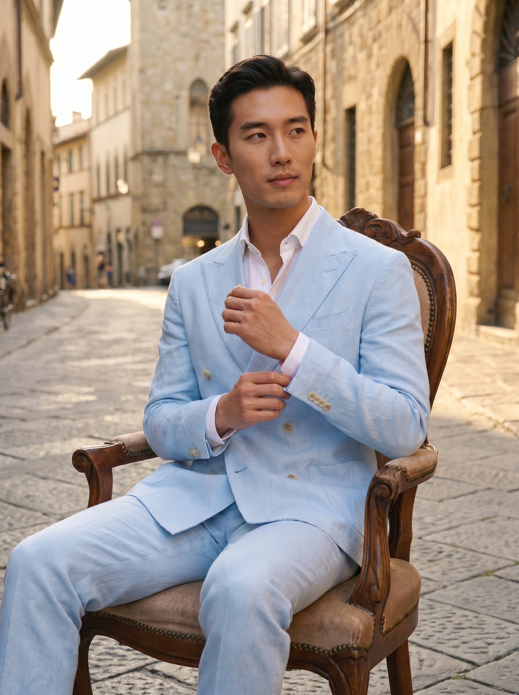 Baby Blue Linen Double Breasted Suit — Custom Made to Measure - seated view