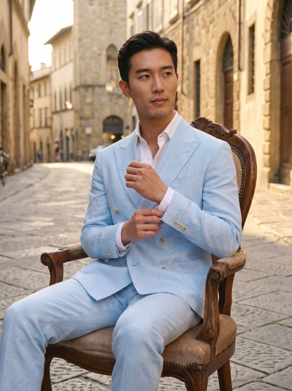 Baby Blue Linen Double Breasted Suit — Custom Made to Measure - seated view