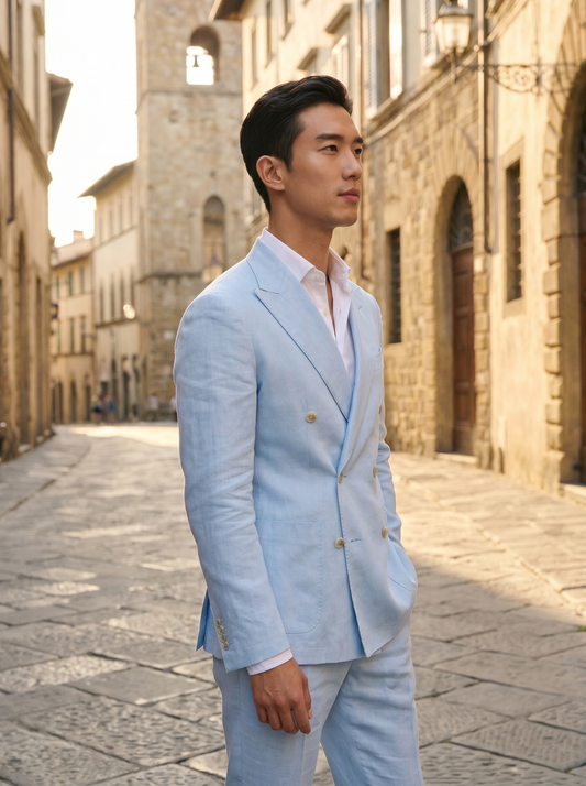 Baby Blue Linen Double Breasted Suit — Custom Made to Measure - side view