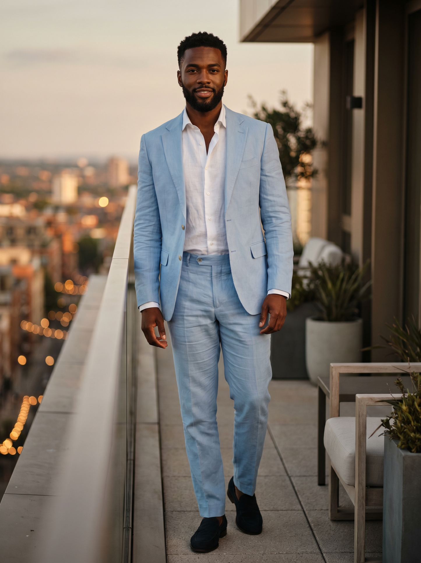 Baby Blue Linen Groomsmen Suit — Custom Made to Measure - front view