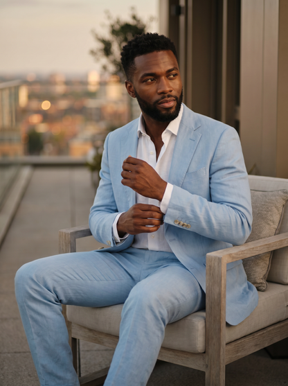 Baby Blue Linen Groomsmen Suit — Custom Made to Measure - seated view