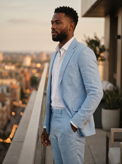 Baby Blue Linen Groomsmen Suit — Custom Made to Measure - side view