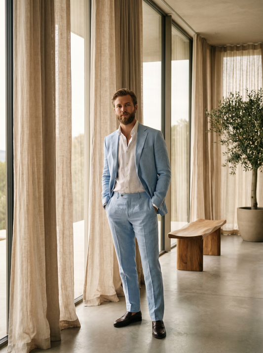 Baby Blue Linen Suit — Custom Made to Measure - front view