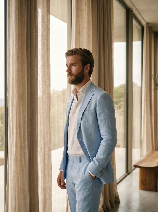 Baby Blue Linen Suit — Custom Made to Measure - side view