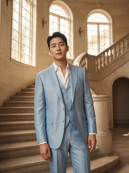Baby Blue Silk Blend 3-Piece Suit — Custom Made to Measure - front view