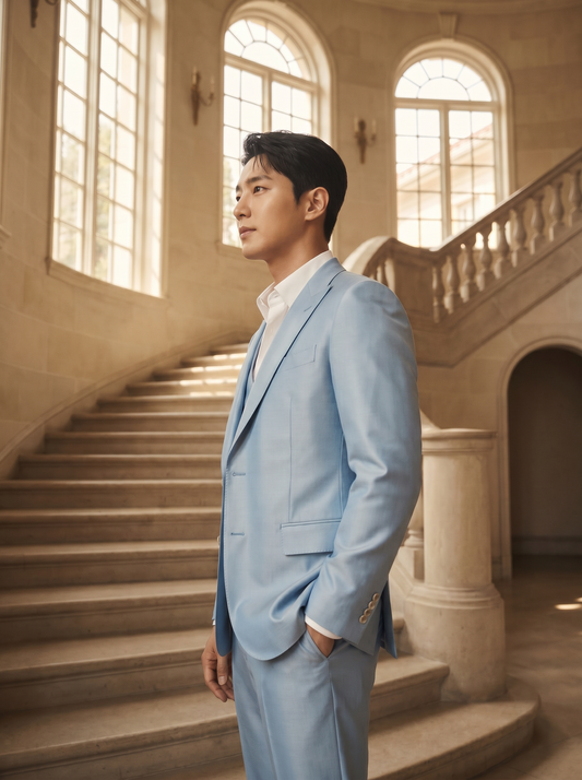 Baby Blue Silk Blend 3-Piece Suit — Custom Made to Measure - side view