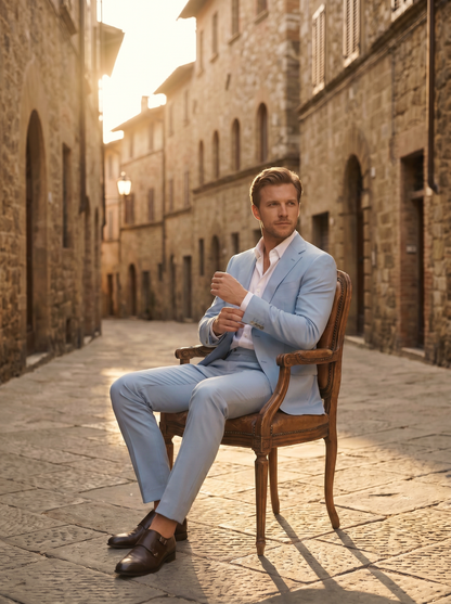 Baby Blue Silk Blend Suit — Custom Made to Measure - seated view