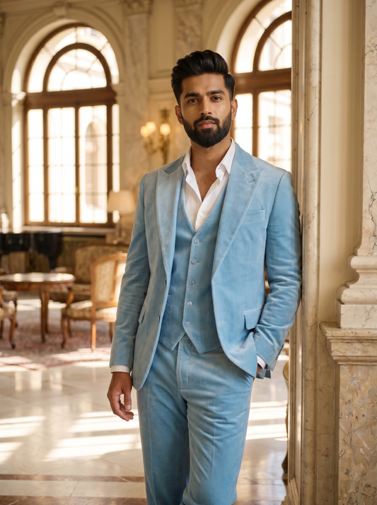 Baby Blue Velvet 3-Piece Suit — Custom Made to Measure - front view