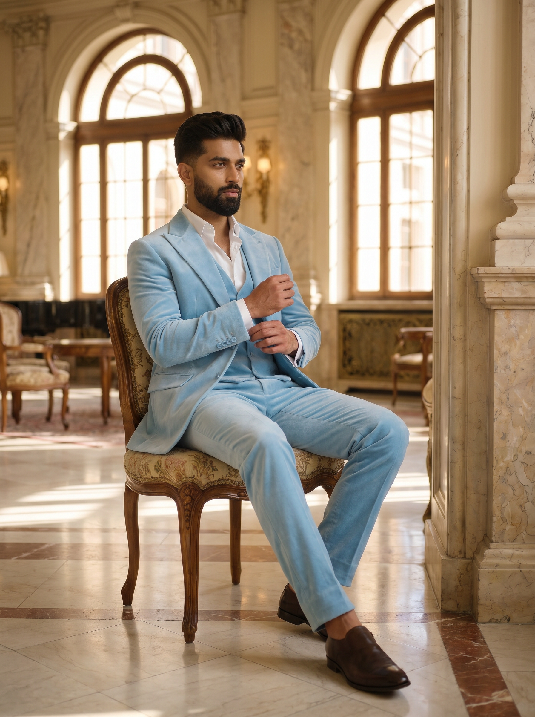 Baby Blue Velvet 3-Piece Suit — Custom Made to Measure - seated view