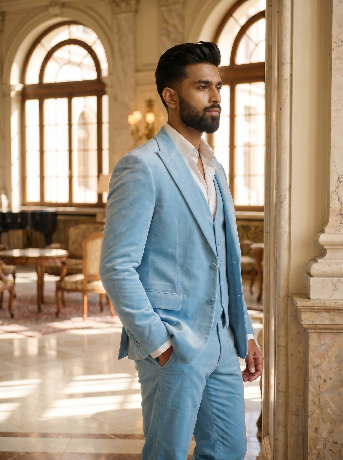 Baby Blue Velvet 3-Piece Suit — Custom Made to Measure - side view