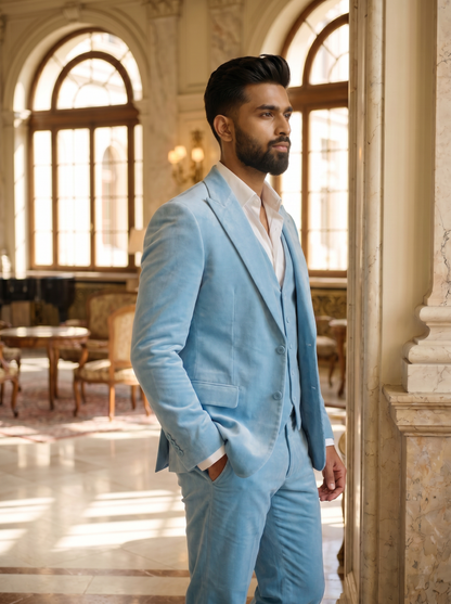 Baby Blue Velvet 3-Piece Suit — Custom Made to Measure - side view