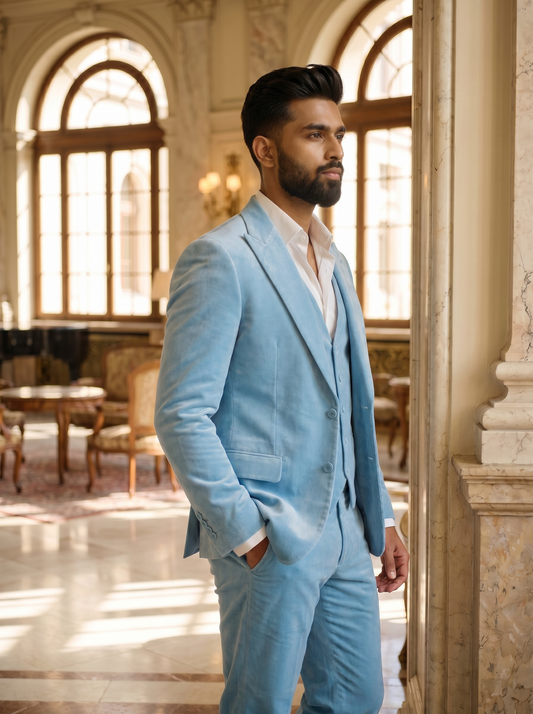 Baby Blue Velvet 3-Piece Suit — Custom Made to Measure - side view
