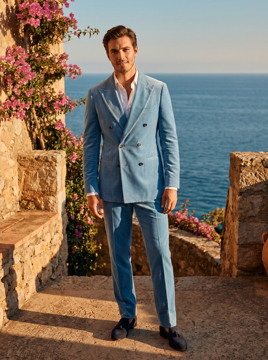 Baby Blue Velvet Double Breasted Suit — Custom Made to Measure - front view