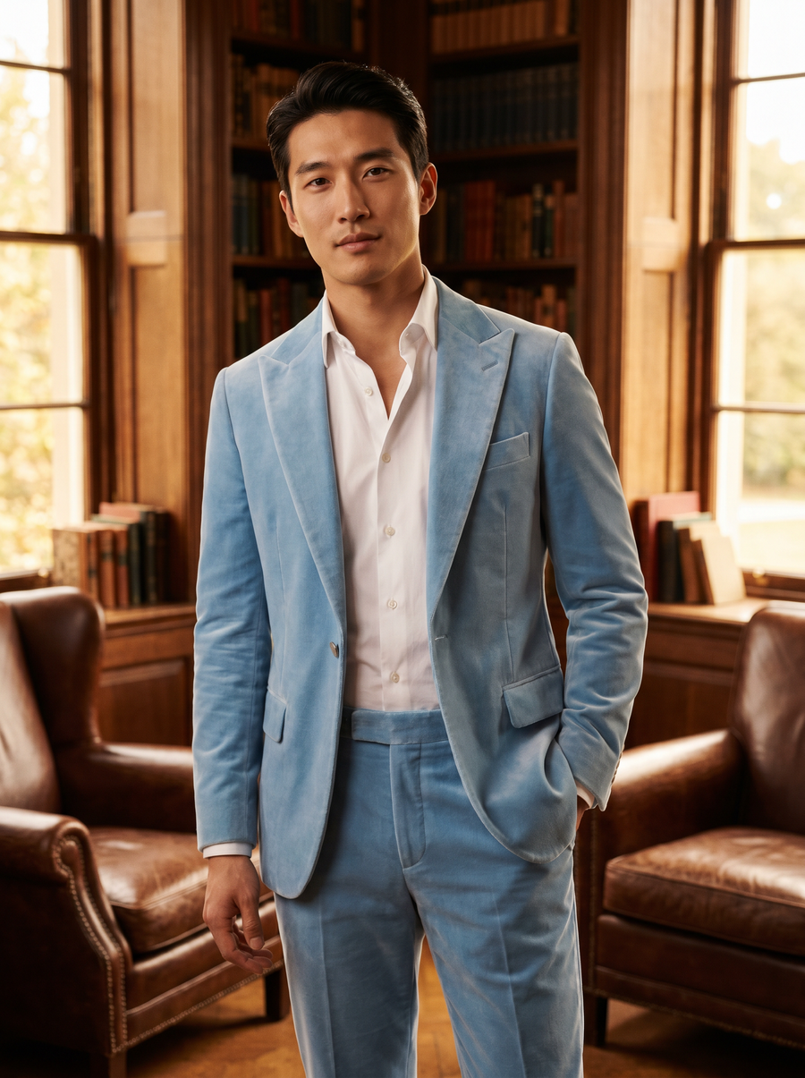 Baby Blue Velvet Groomsmen Suit — Custom Made to Measure