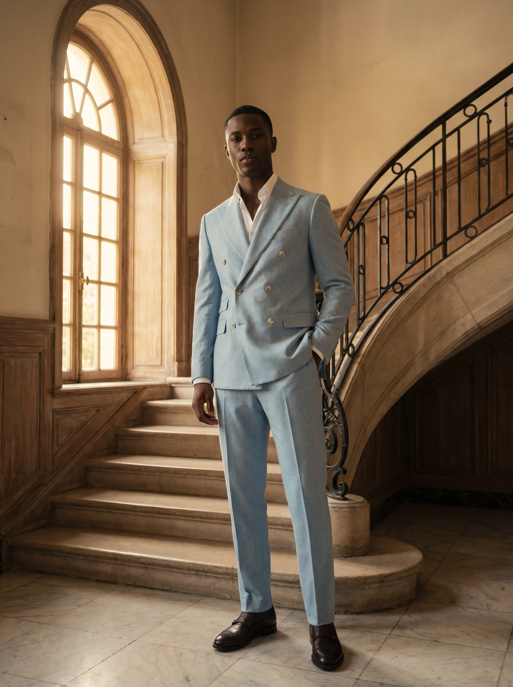 Baby Blue Wool Double Breasted Suit — Custom Made to Measure - front view