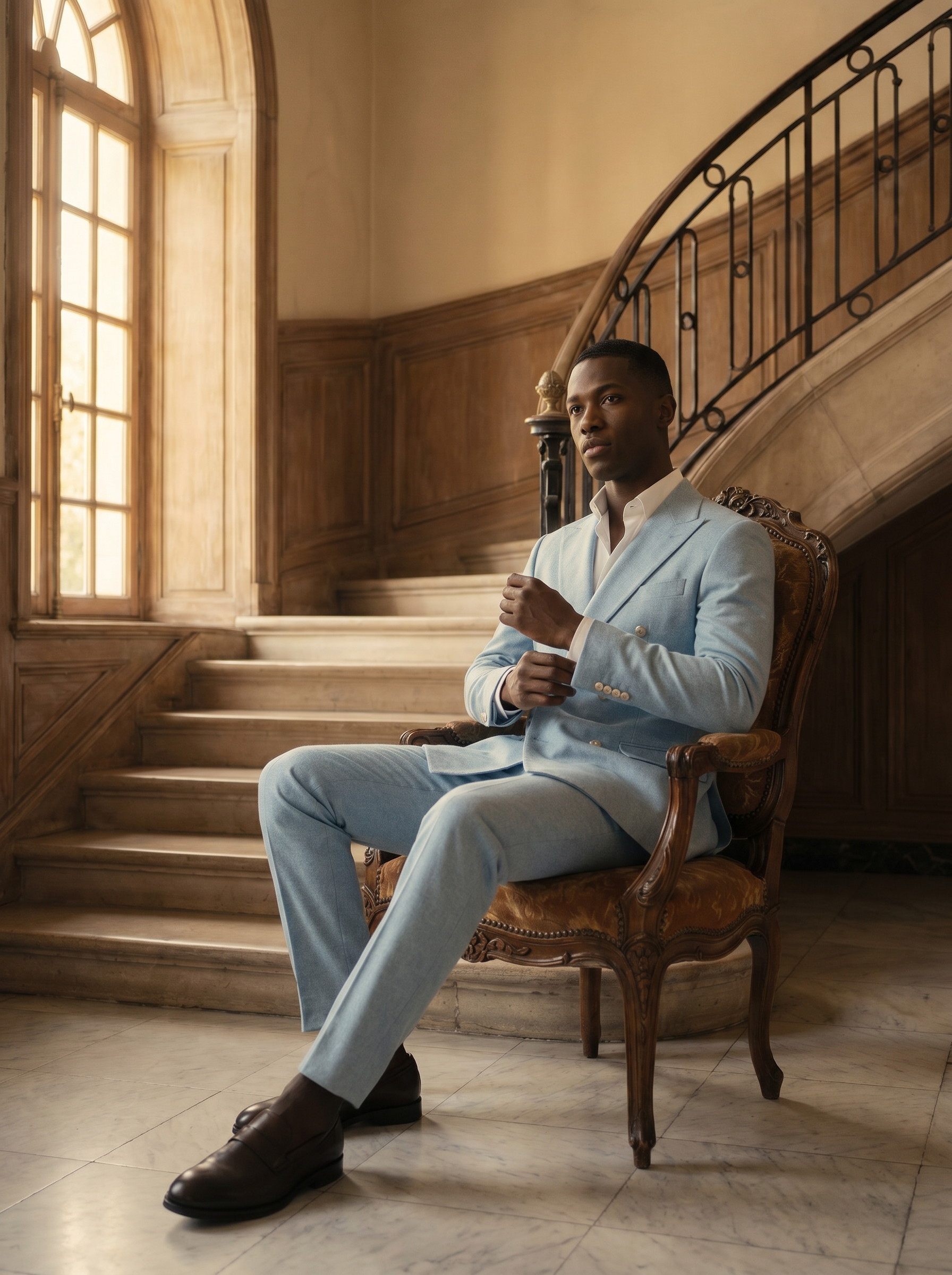 Baby Blue Wool Double Breasted Suit — Custom Made to Measure - seated view