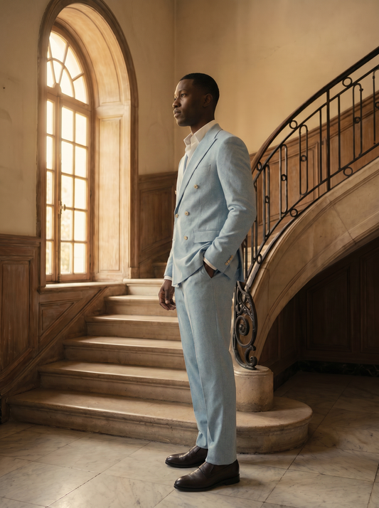 Baby Blue Wool Double Breasted Suit — Custom Made to Measure - side view