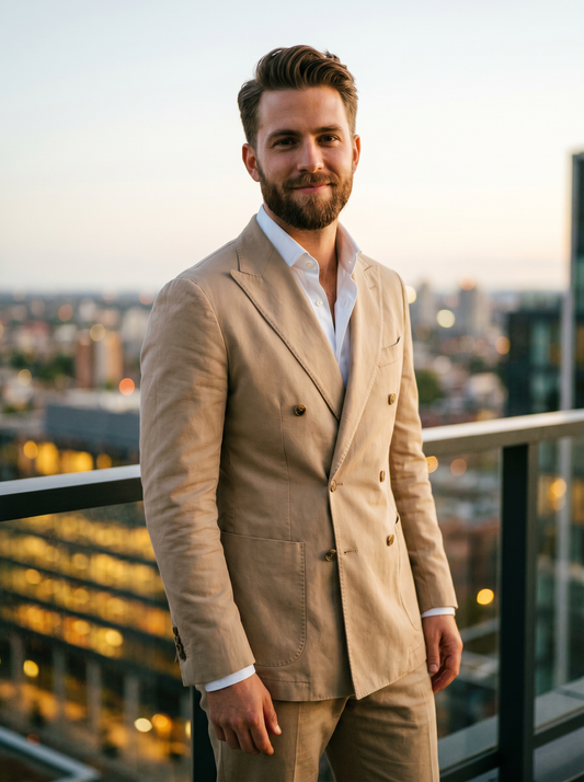 Beige Cotton Double Breasted Suit — Custom Made to Measure - front view
