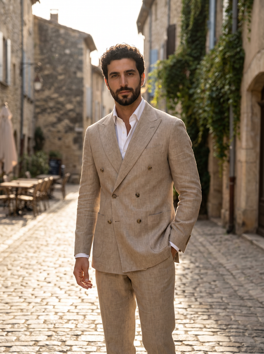 Beige Linen Double Breasted Suit — Custom Made to Measure - front view