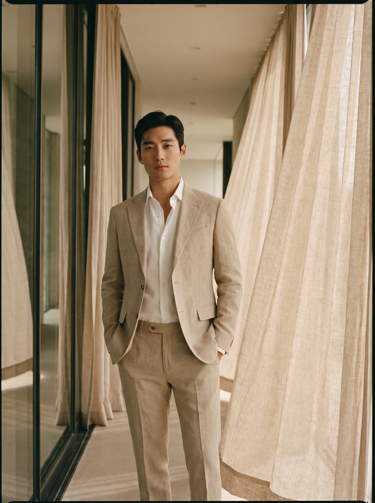 Beige Linen Groomsmen Suit — Custom Made to Measure - front view