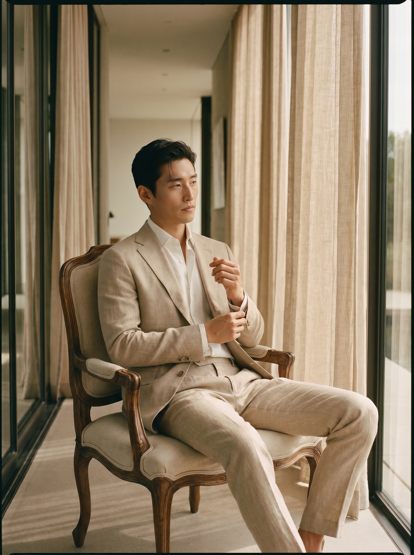 Beige Linen Groomsmen Suit — Custom Made to Measure - seated view
