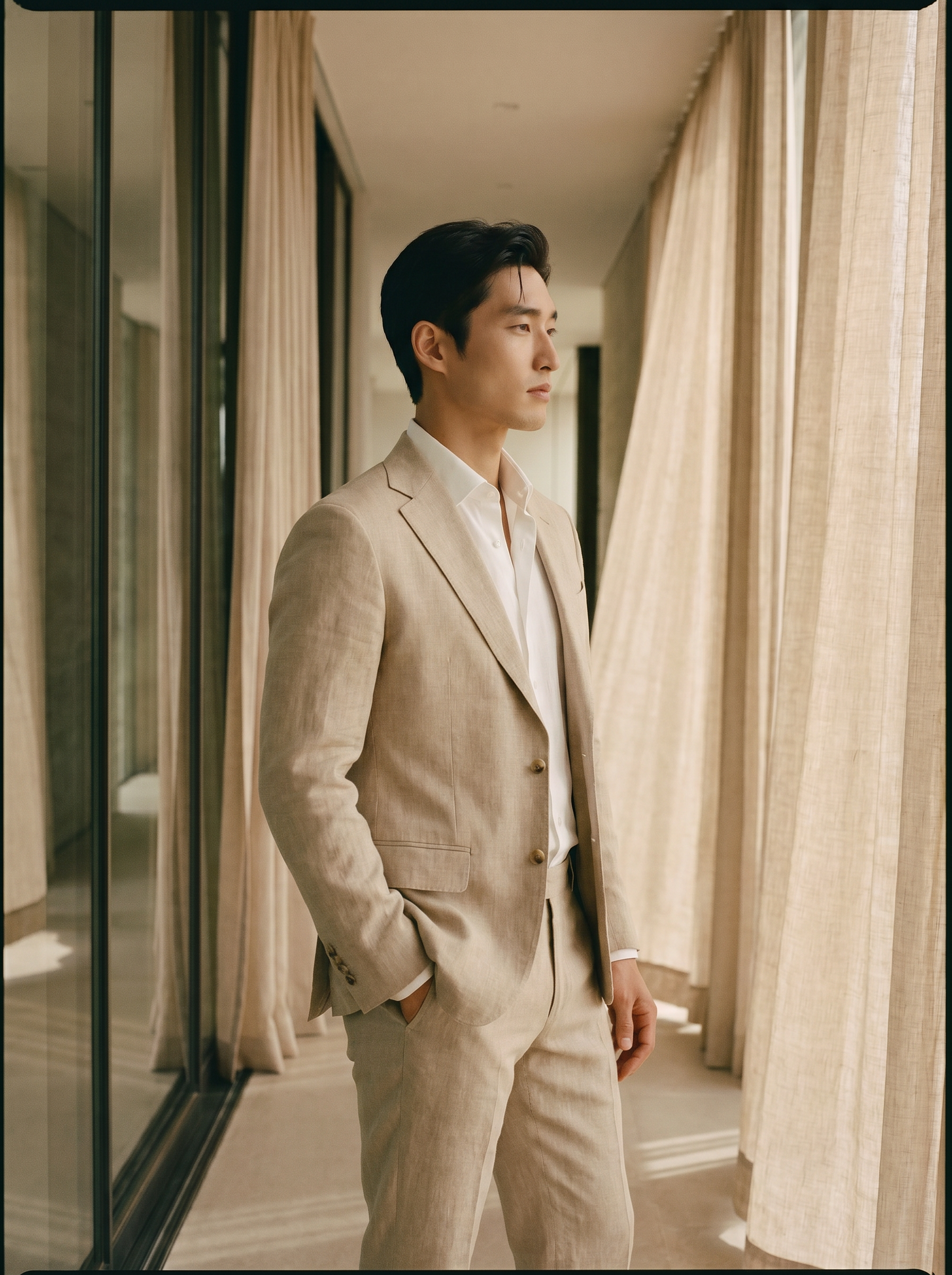 Beige Linen Groomsmen Suit — Custom Made to Measure - side view