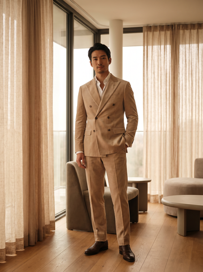 Beige Velvet Double Breasted Suit — Custom Made to Measure - front view
