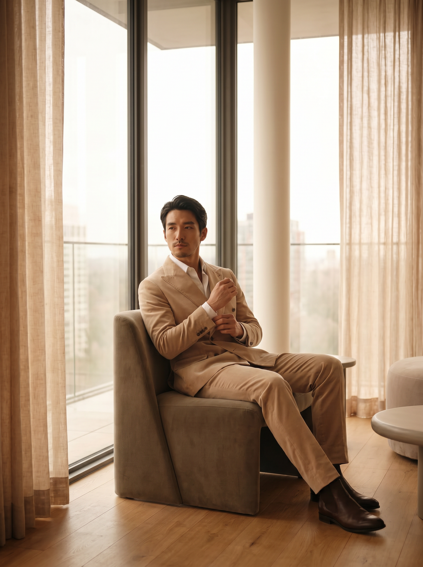 Beige Velvet Double Breasted Suit — Custom Made to Measure - seated view