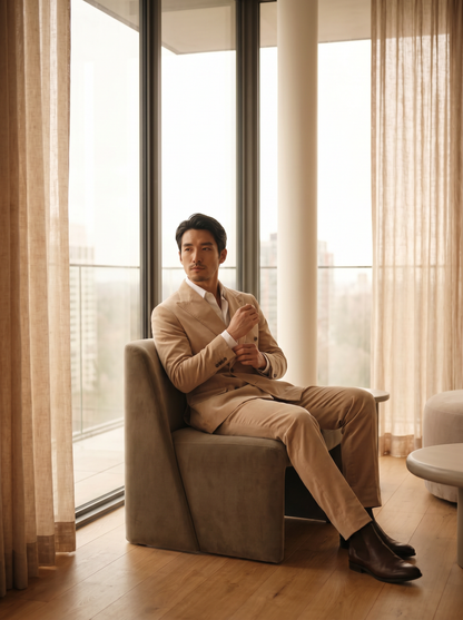 Beige Velvet Double Breasted Suit — Custom Made to Measure - seated view