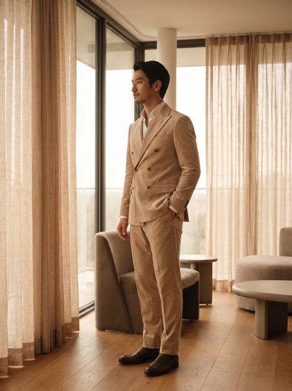 Beige Velvet Double Breasted Suit — Custom Made to Measure - side view