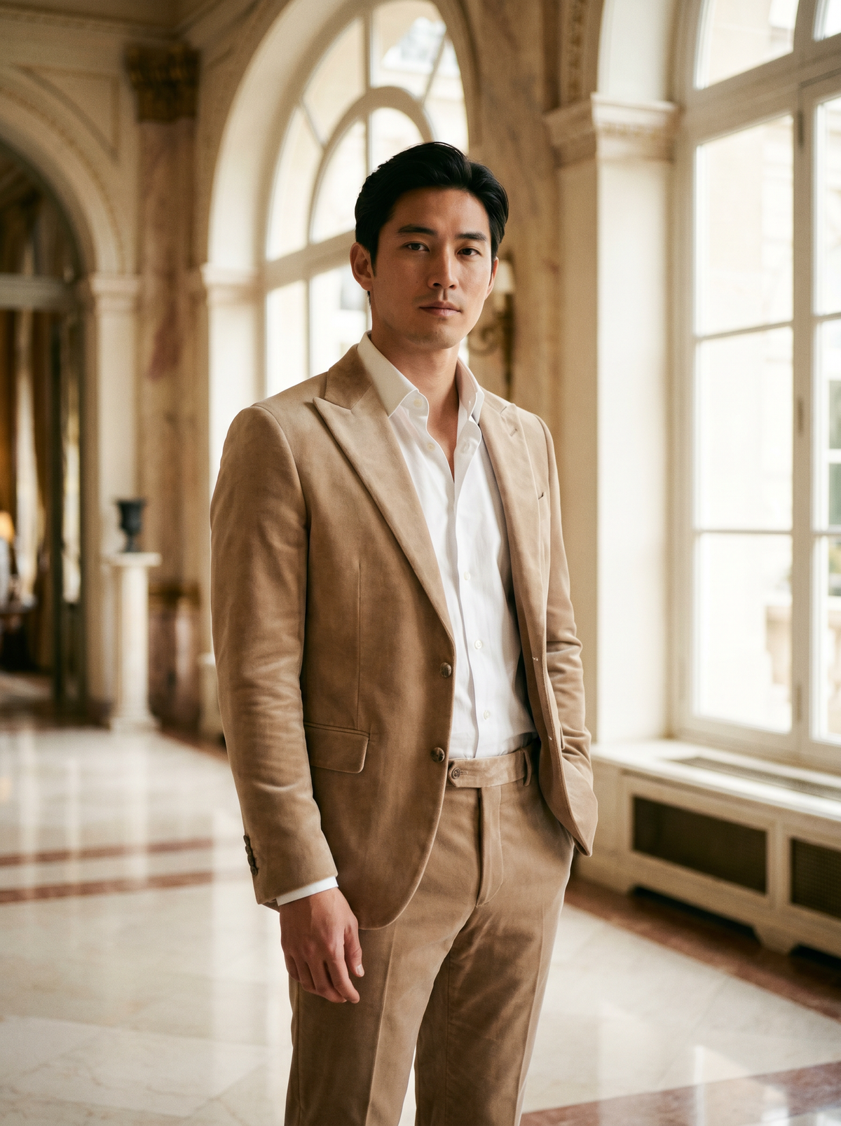 Beige Velvet Groomsmen Suit — Custom Made to Measure