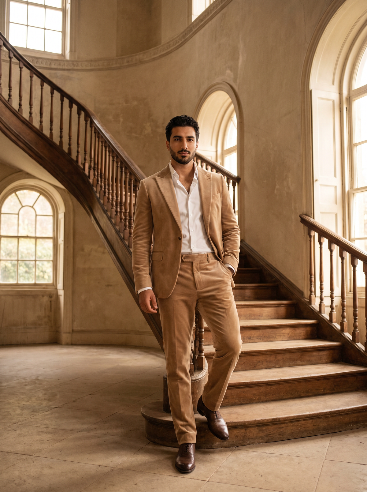 Men's Beige Velvet Suit — Custom Made to Measure | SuitedNoir