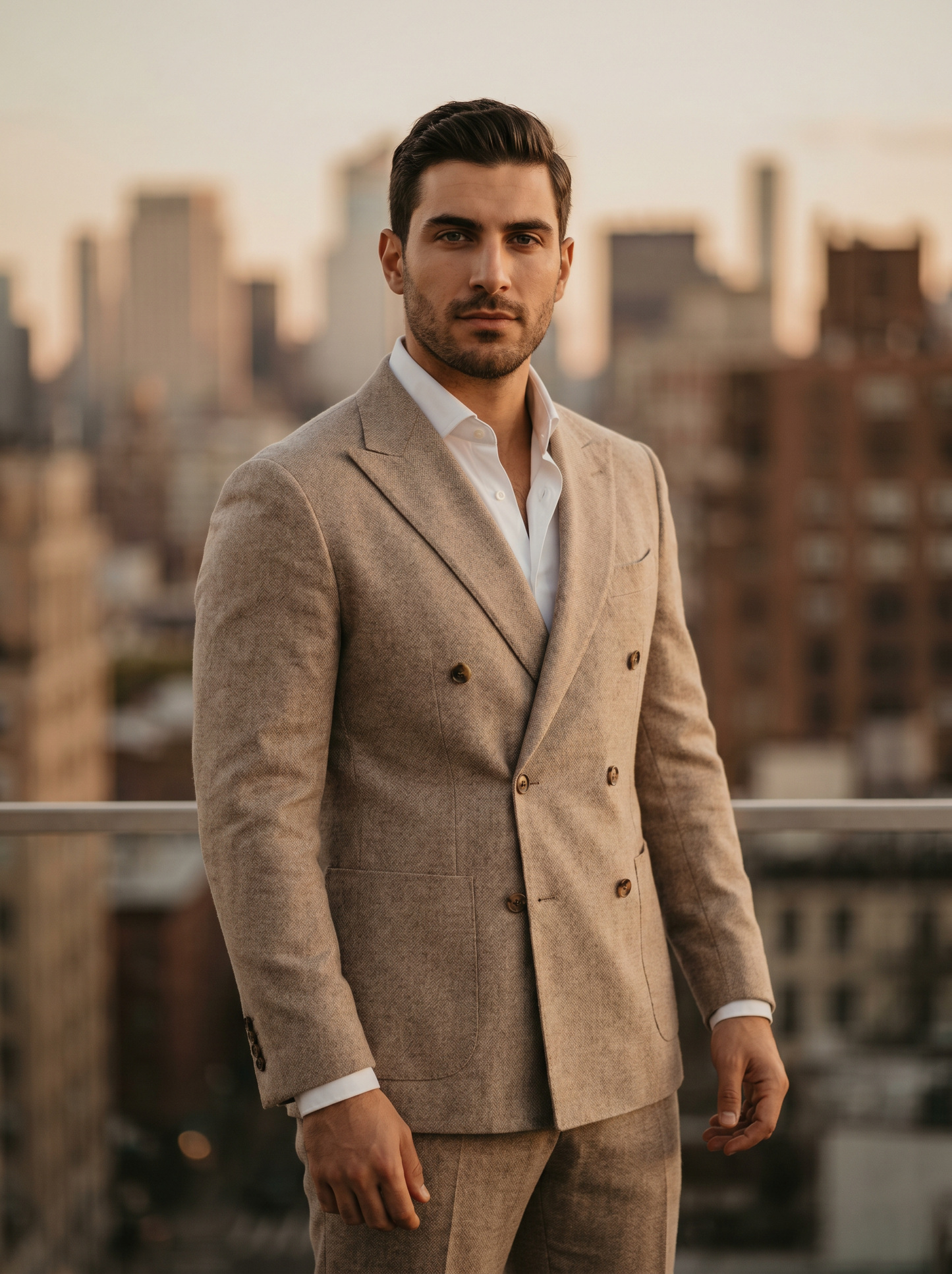 Beige Wool Double Breasted Suit — Custom Made to Measure - front view
