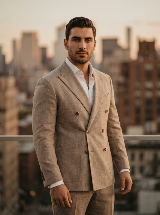 Beige Wool Double Breasted Suit — Custom Made to Measure - front view